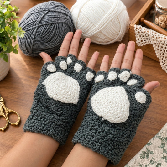 Crochet Paw Fingerless Gloves – Charcoal & White
