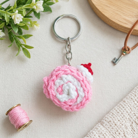 Crochet Cake Roll Keychain – Pink & White